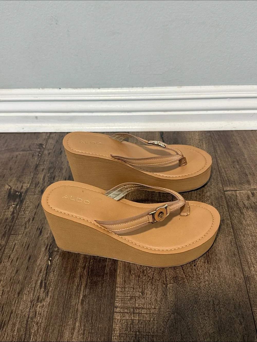 ALDO Tan Platform Wedge Thong Sandals with Metallic Accent